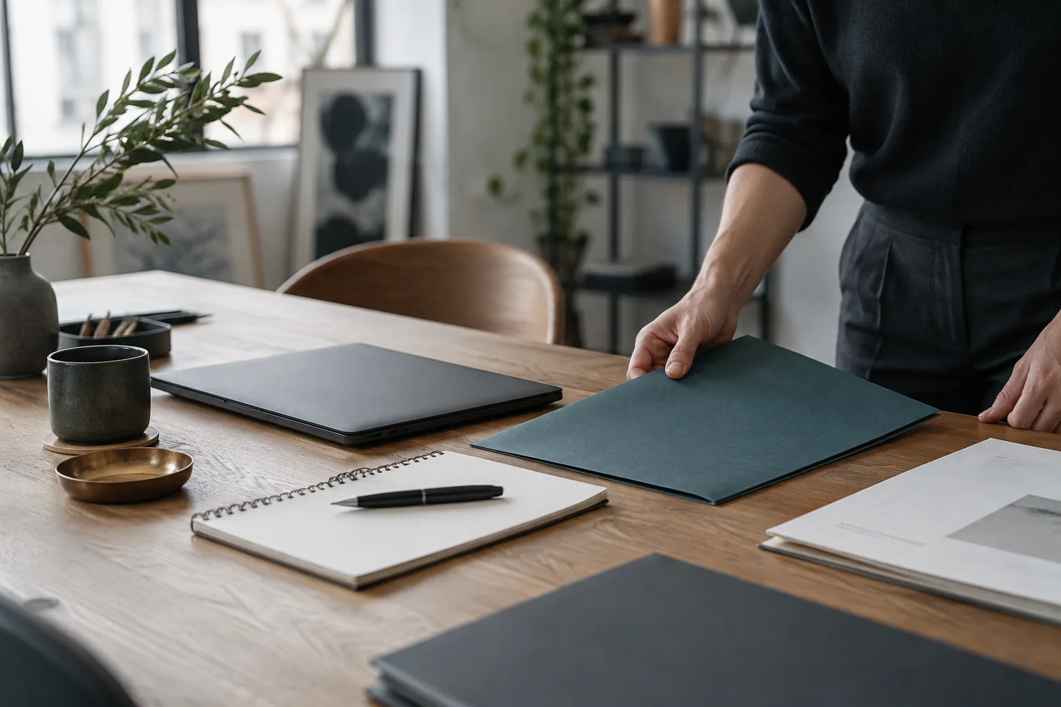 Symbolbild: Geordnete Unterlagen und ein geschlossener Laptop auf einem Arbeitstisch